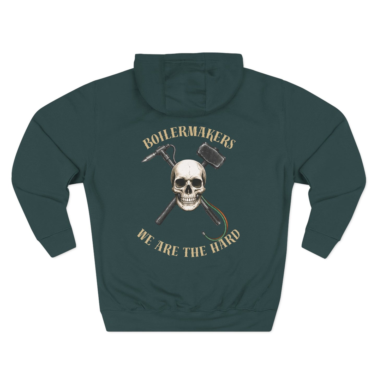 Boilermakers “We Are The Hard” Hoodie — skull & hammer back print, classic fleece comfort with heavy-duty pride. Built for the ones who earn every spark.