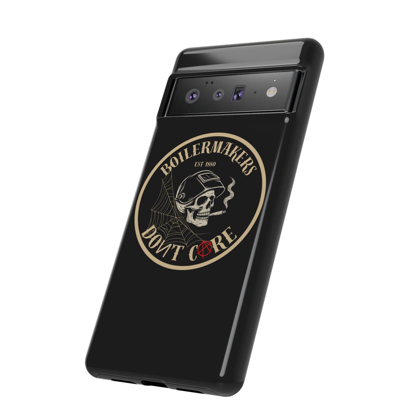 Boilermakers Don’t Care Phone Case — full-wrap skull design, drop-tested protection with attitude. Built tough for the hands that make the world work.