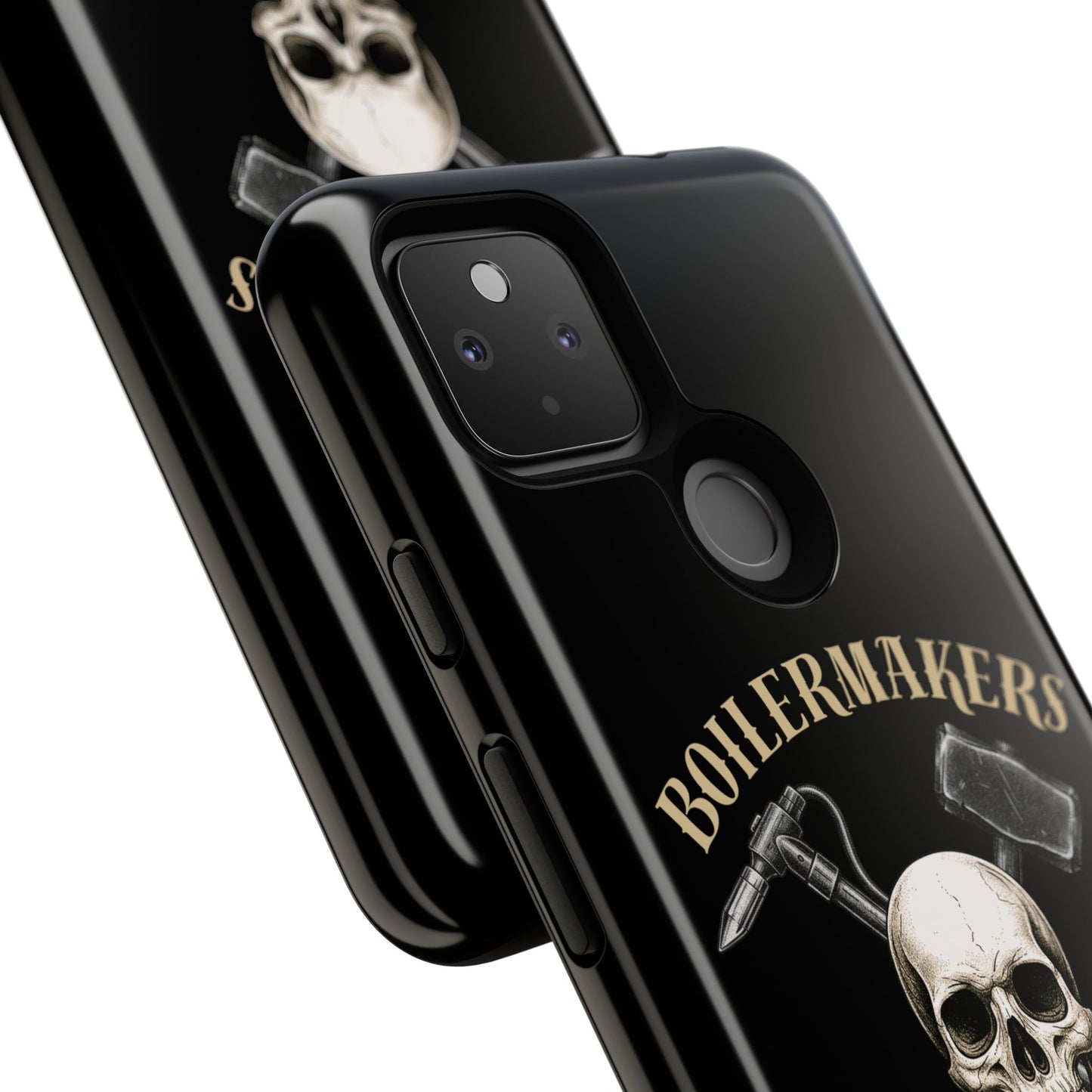 Boilermakers Don’t Care Tough Case — skull-and-hammer design, full-wrap protection built for the hard hands who keep the world running.