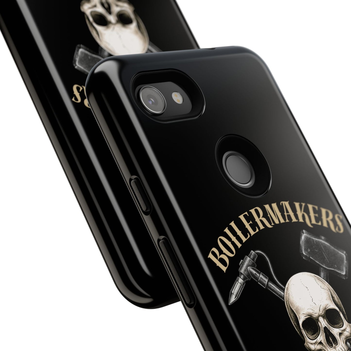Boilermakers Don’t Care Tough Case — skull-and-hammer design, full-wrap protection built for the hard hands who keep the world running.