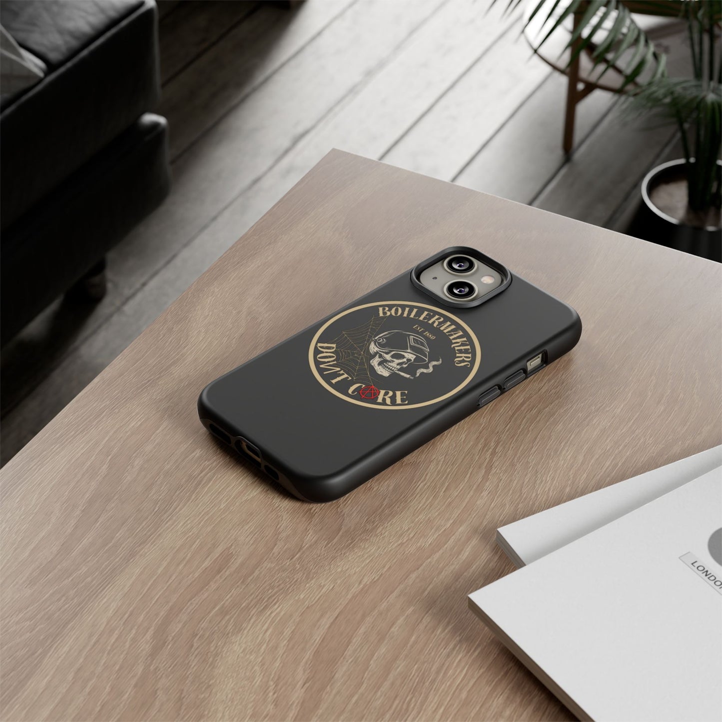Boilermakers Don’t Care Phone Case — full-wrap skull design, drop-tested protection with attitude. Built tough for the hands that make the world work.