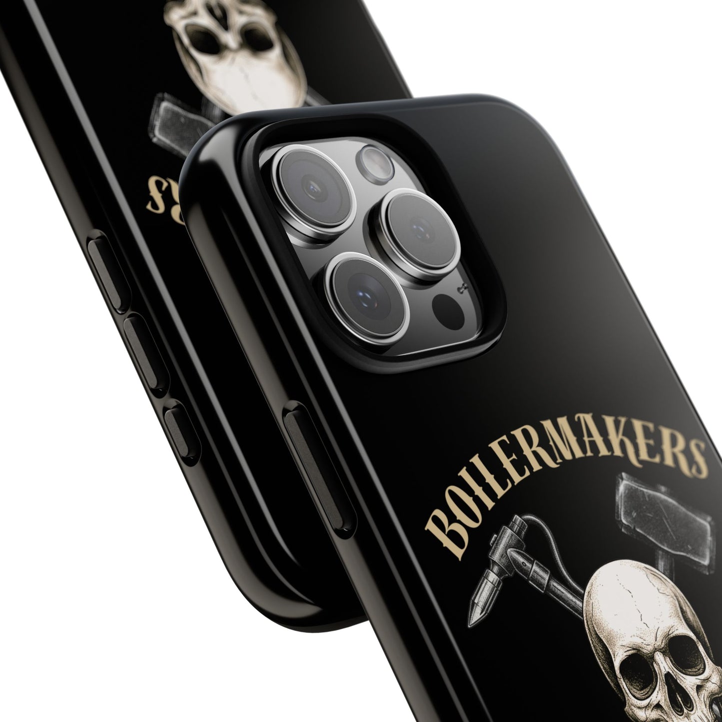 Boilermakers Don’t Care Tough Case — skull-and-hammer design, full-wrap protection built for the hard hands who keep the world running.
