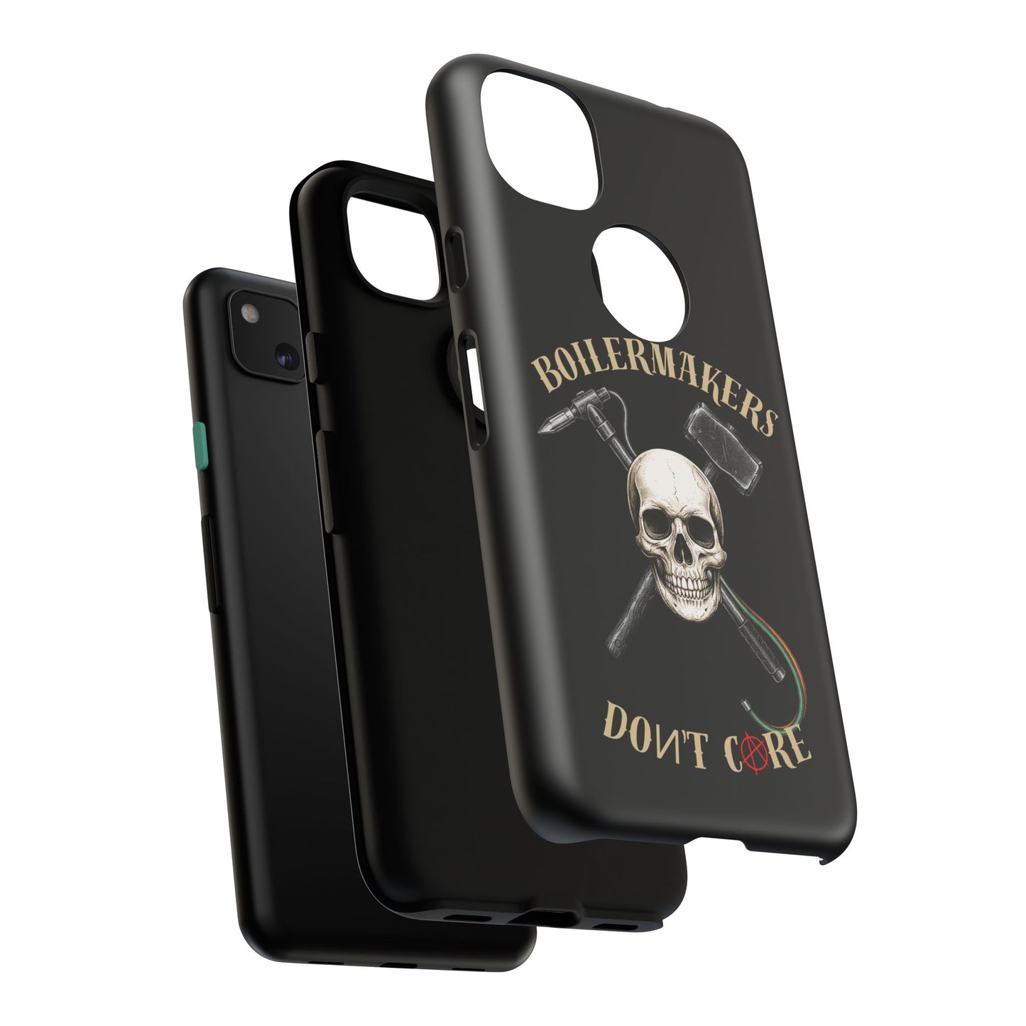 Boilermakers Don’t Care Tough Case — skull-and-hammer design, full-wrap protection built for the hard hands who keep the world running.