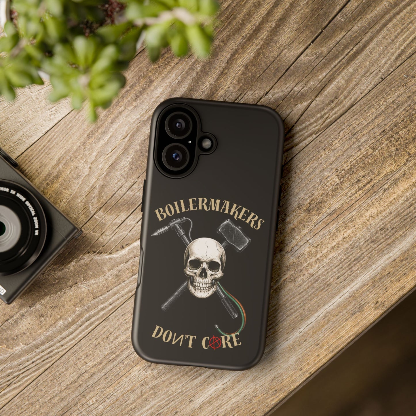 Boilermakers Don’t Care Tough Case — skull-and-hammer design, full-wrap protection built for the hard hands who keep the world running.