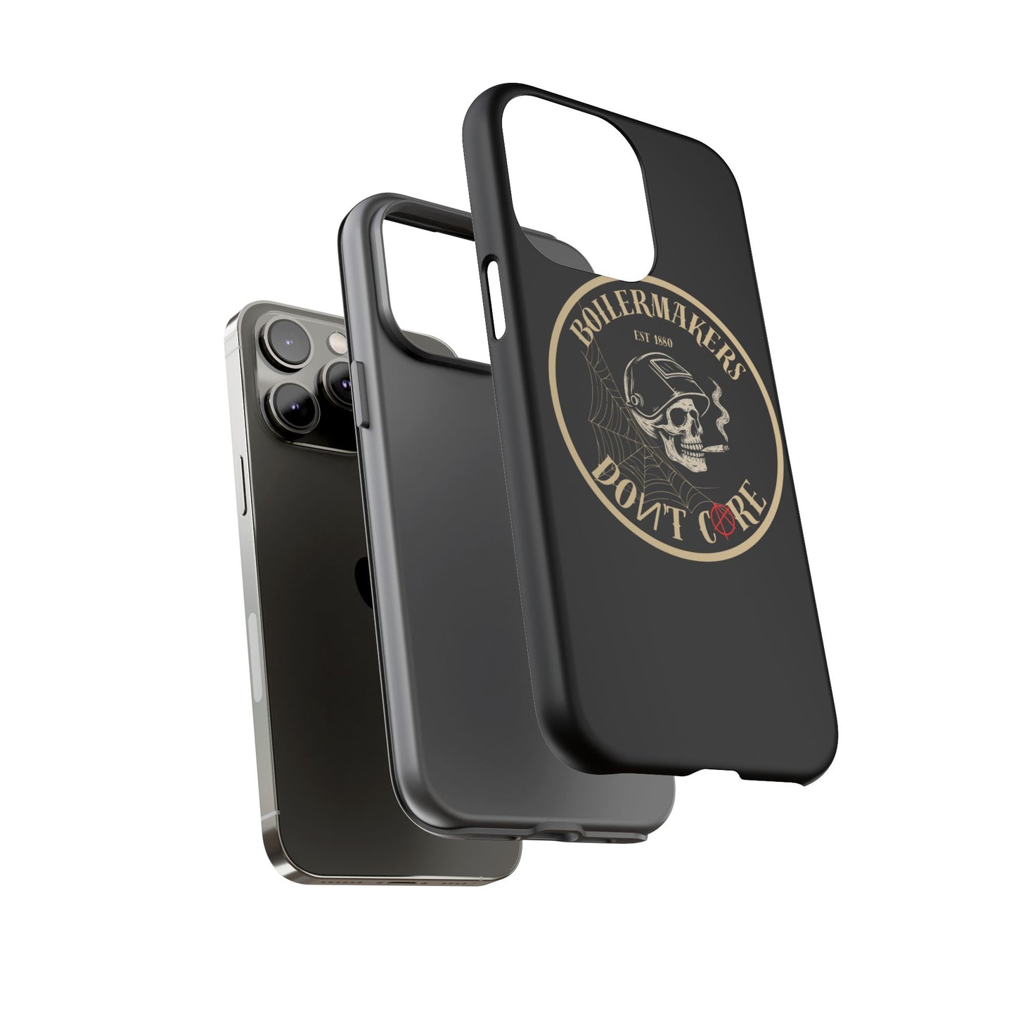 Boilermakers Don’t Care Phone Case — full-wrap skull design, drop-tested protection with attitude. Built tough for the hands that make the world work.