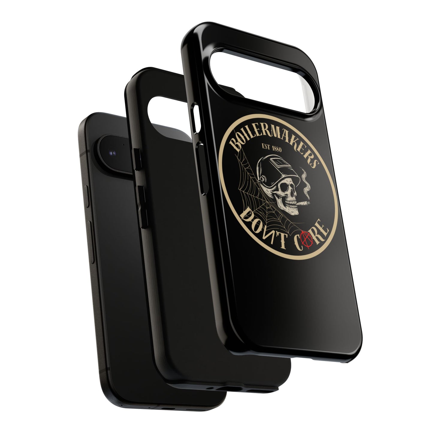 Boilermakers Don’t Care Phone Case — full-wrap skull design, drop-tested protection with attitude. Built tough for the hands that make the world work.