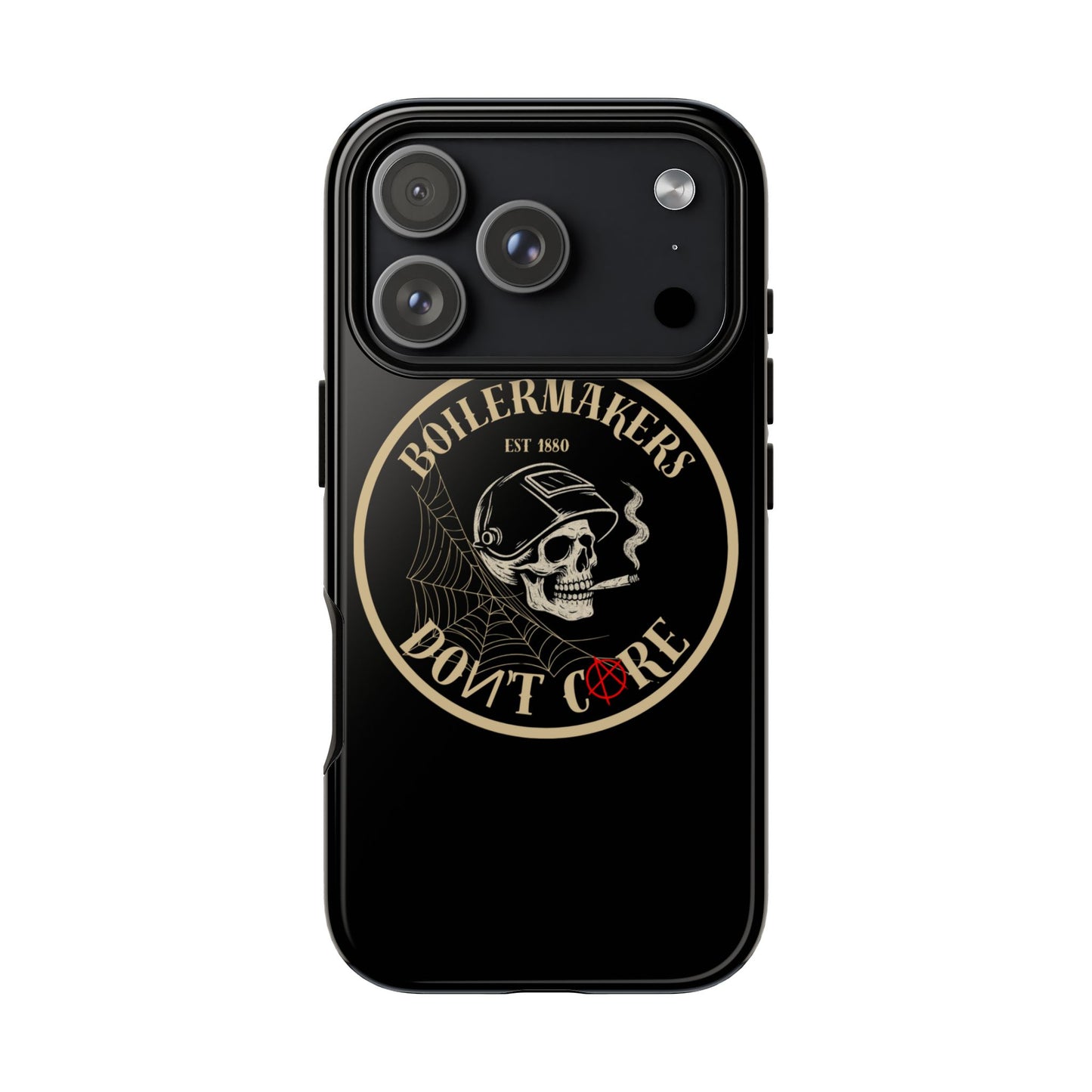 Boilermakers Don’t Care Phone Case — full-wrap skull design, drop-tested protection with attitude. Built tough for the hands that make the world work.