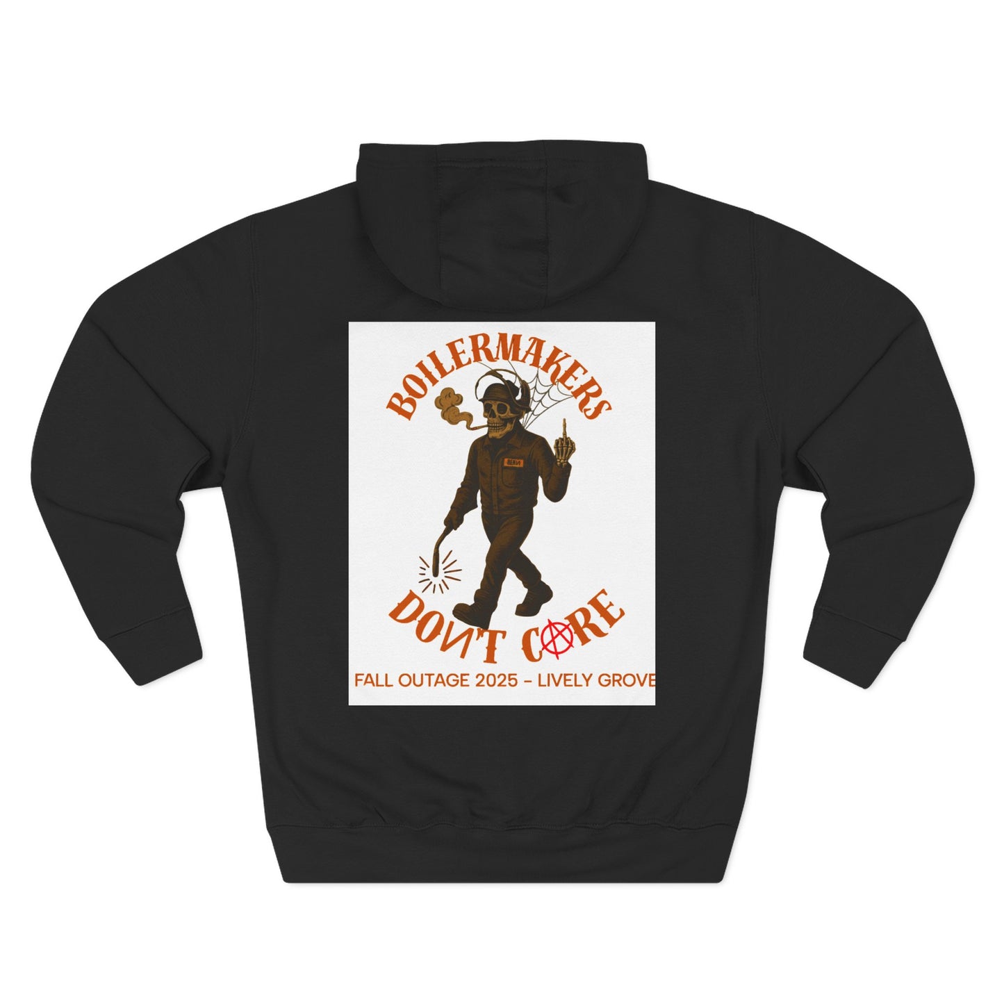 Boilermakers Don’t Care Hoodie — Skull & Hammer Edition. Heavy fleece, jobsite-tough comfort, and bold trade pride. Pair it with the matching sweatpants for the full set.