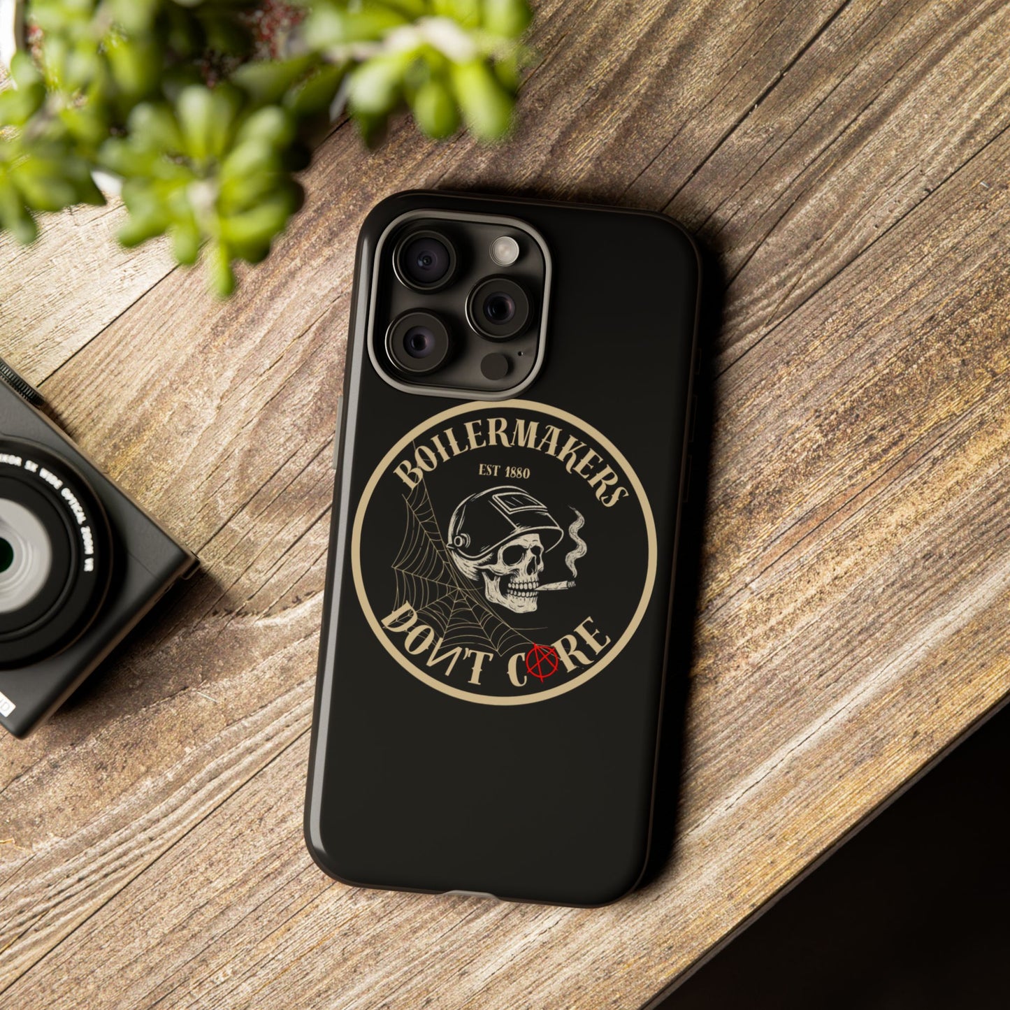 Boilermakers Don’t Care Phone Case — full-wrap skull design, drop-tested protection with attitude. Built tough for the hands that make the world work.