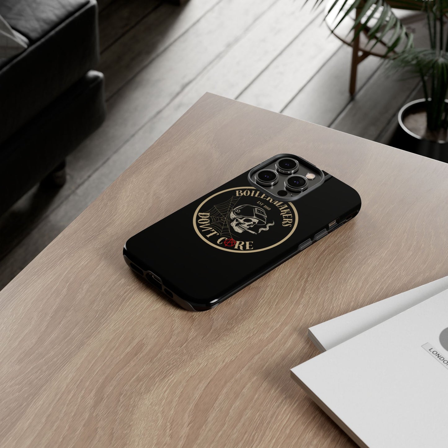 Boilermakers Don’t Care Phone Case — full-wrap skull design, drop-tested protection with attitude. Built tough for the hands that make the world work.