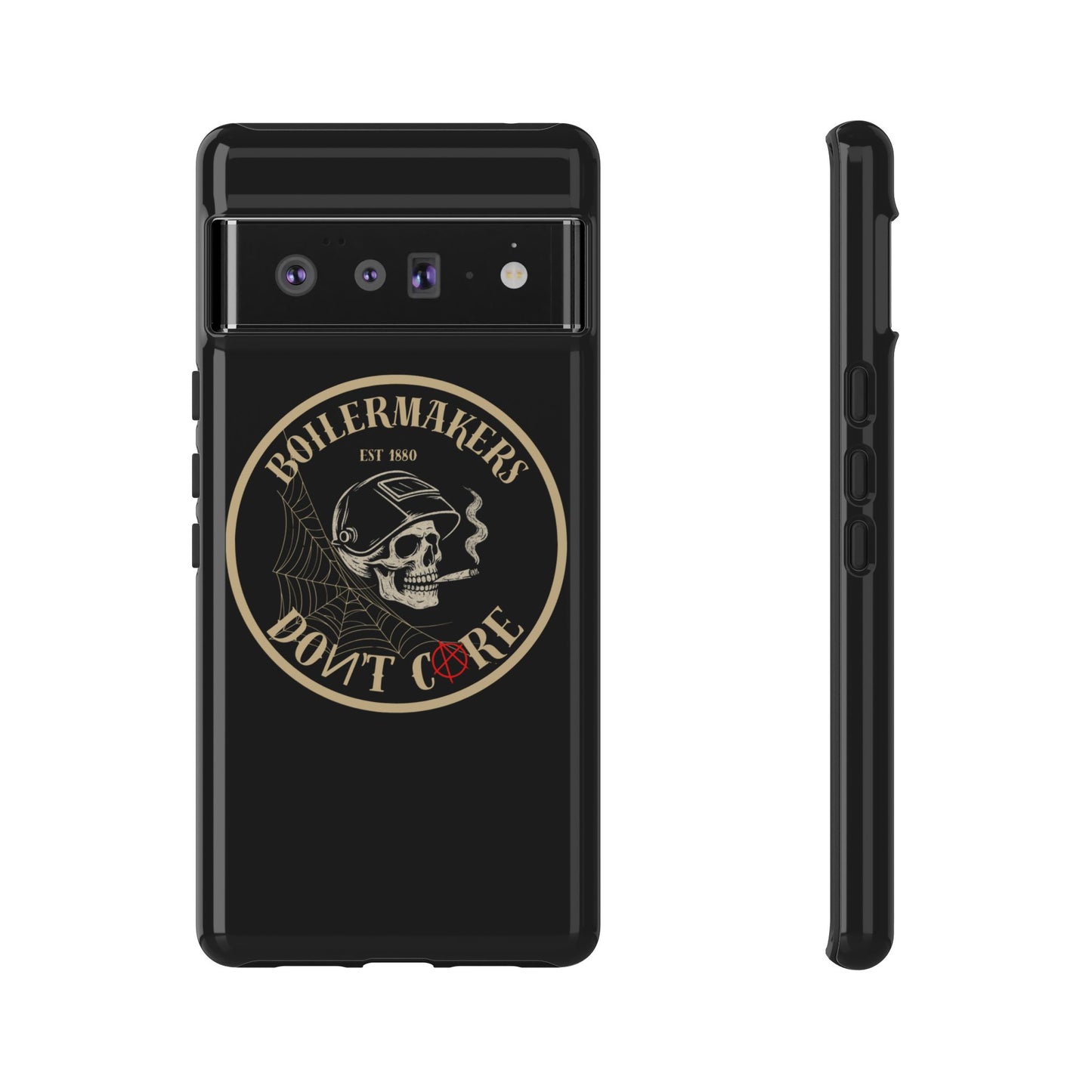 Boilermakers Don’t Care Phone Case — full-wrap skull design, drop-tested protection with attitude. Built tough for the hands that make the world work.