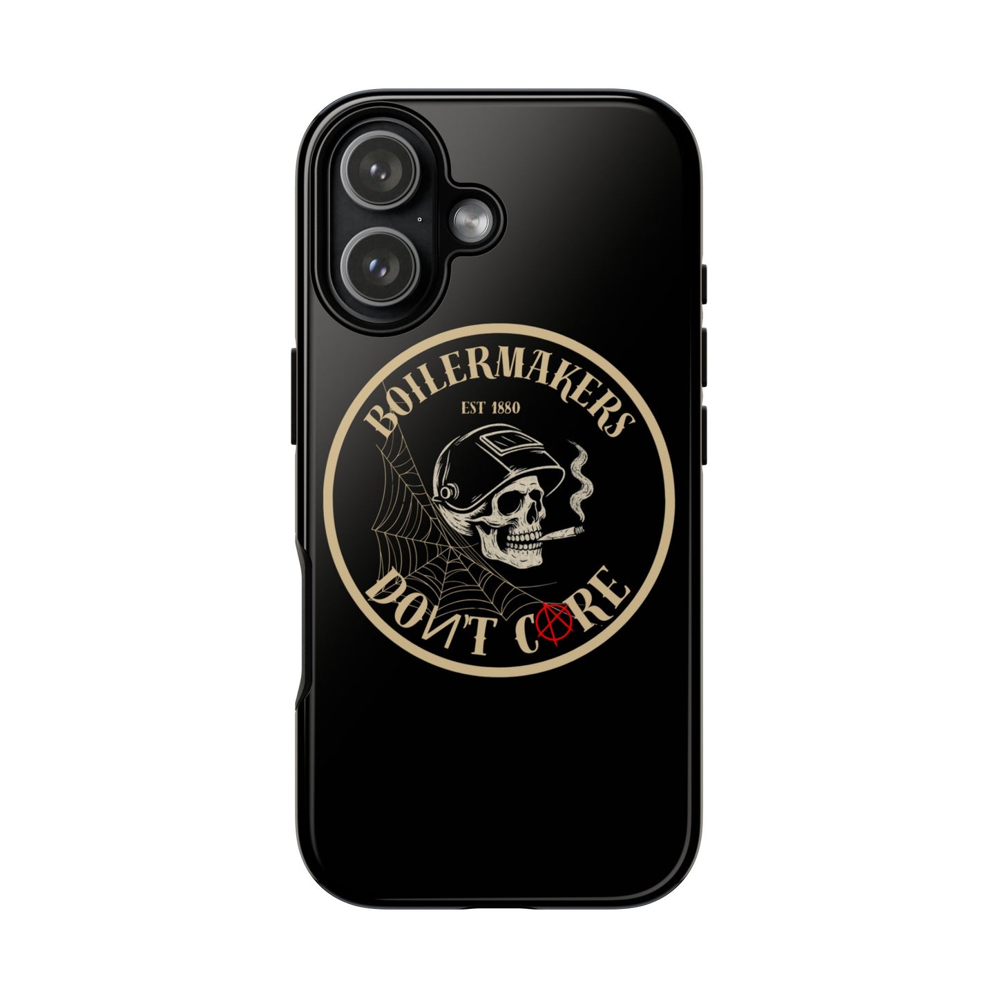 Boilermakers Don’t Care Phone Case — full-wrap skull design, drop-tested protection with attitude. Built tough for the hands that make the world work.