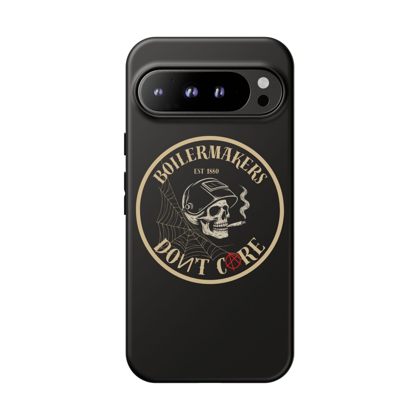 Boilermakers Don’t Care Phone Case — full-wrap skull design, drop-tested protection with attitude. Built tough for the hands that make the world work.