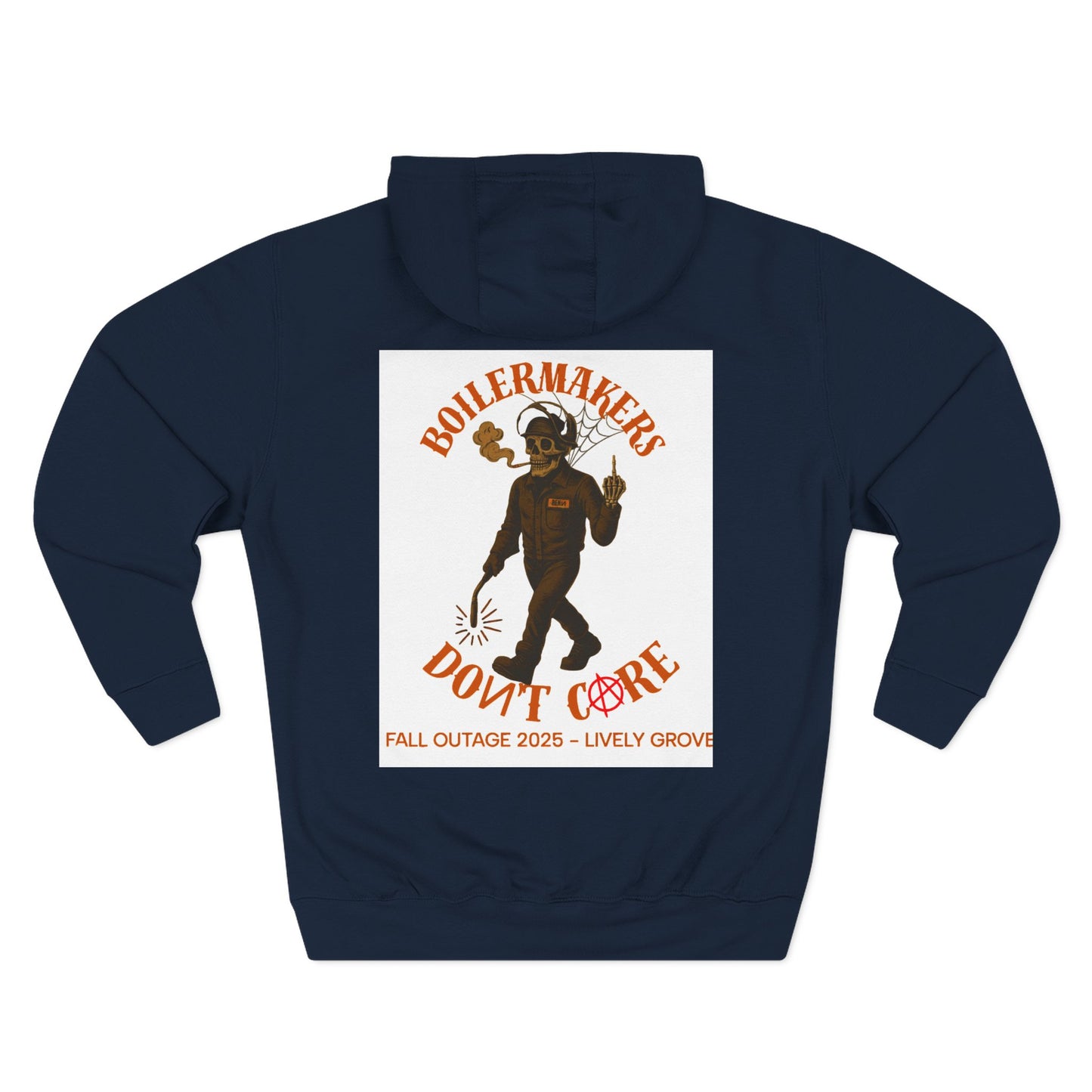 Boilermakers Don’t Care Hoodie — Skull & Hammer Edition. Heavy fleece, jobsite-tough comfort, and bold trade pride. Pair it with the matching sweatpants for the full set.