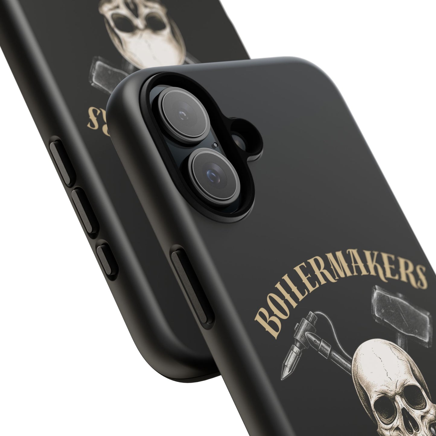 Boilermakers Don’t Care Tough Case — skull-and-hammer design, full-wrap protection built for the hard hands who keep the world running.