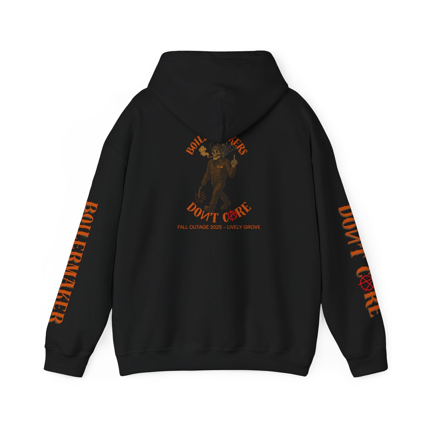 Skeleton “Don’t Care” Hoodie — Lively Grove Edition. Featuring a full-back skeleton design, Boilermaker and Don’t Care sleeve prints, built for the Fall Outage 2025 crew.
