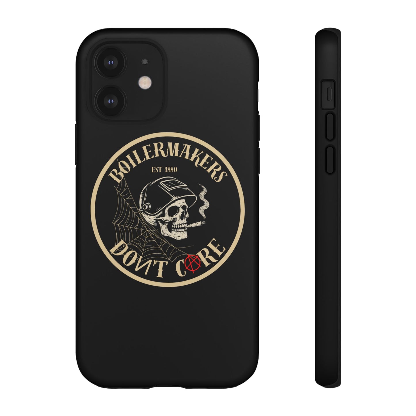 Boilermakers Don’t Care Phone Case — full-wrap skull design, drop-tested protection with attitude. Built tough for the hands that make the world work.