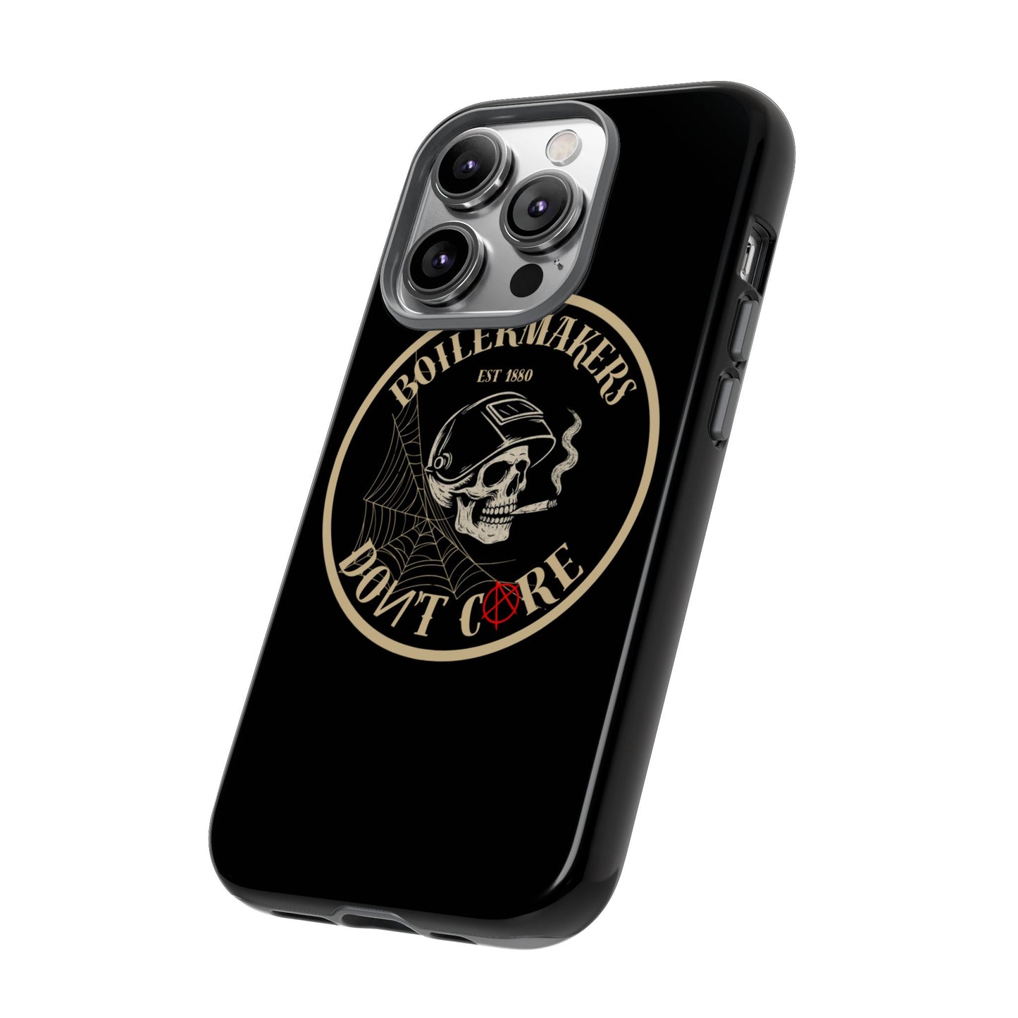 Boilermakers Don’t Care Phone Case — full-wrap skull design, drop-tested protection with attitude. Built tough for the hands that make the world work.