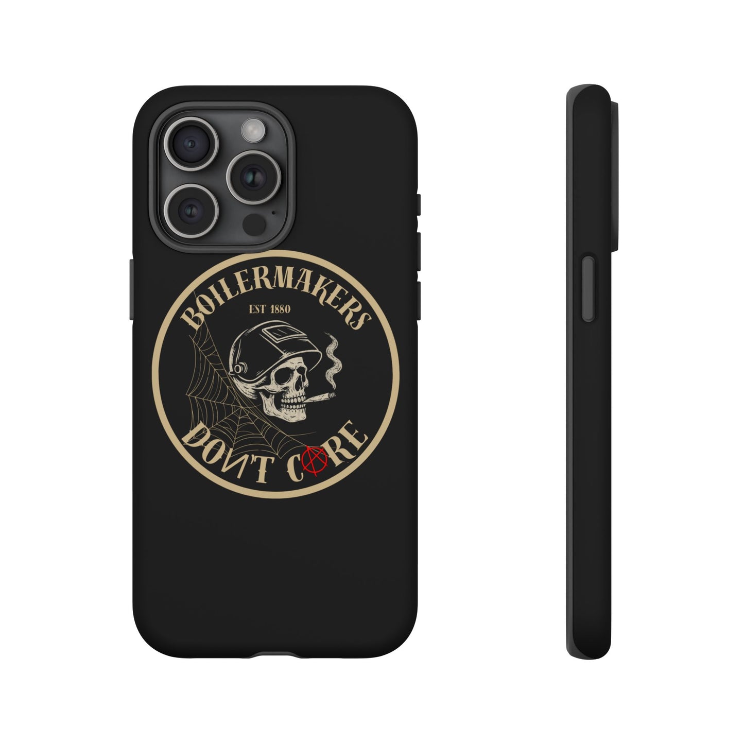 Boilermakers Don’t Care Phone Case — full-wrap skull design, drop-tested protection with attitude. Built tough for the hands that make the world work.