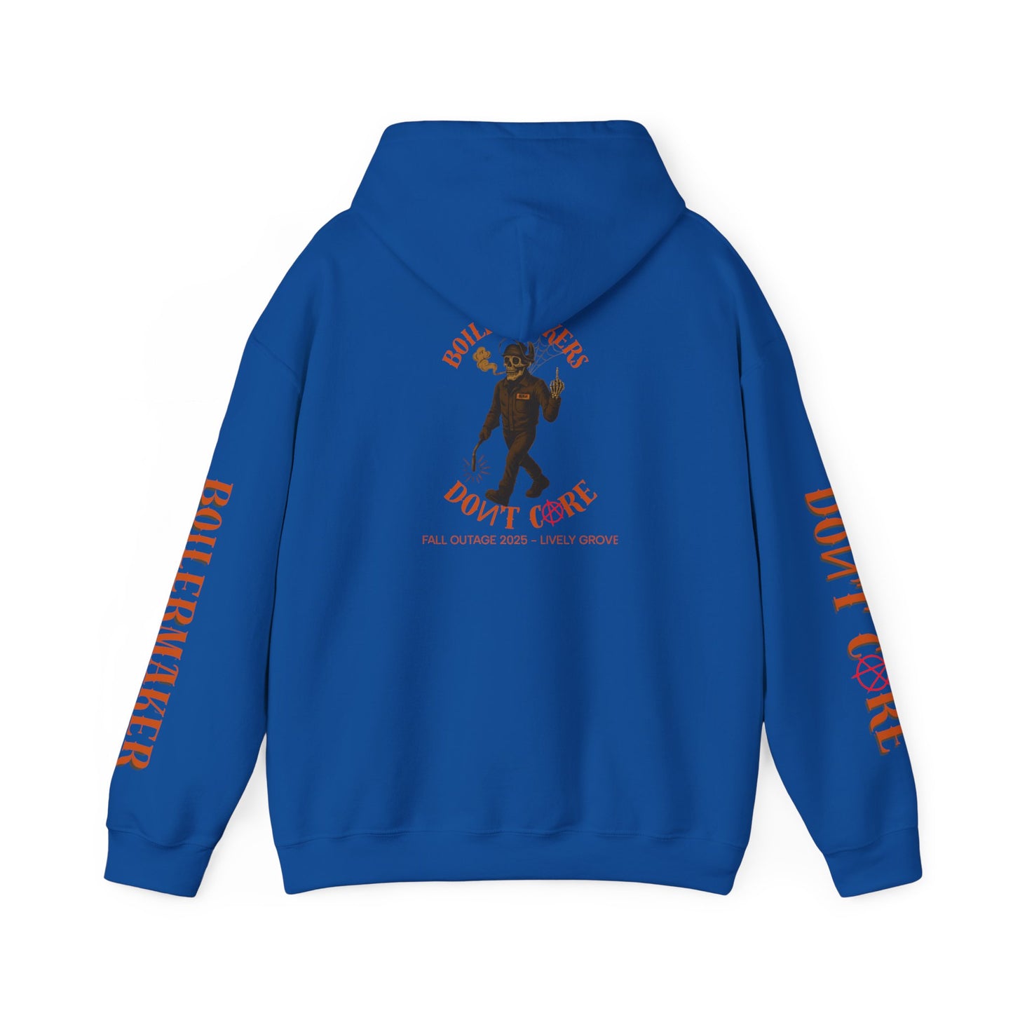 Skeleton “Don’t Care” Hoodie — Lively Grove Edition. Featuring a full-back skeleton design, Boilermaker and Don’t Care sleeve prints, built for the Fall Outage 2025 crew.