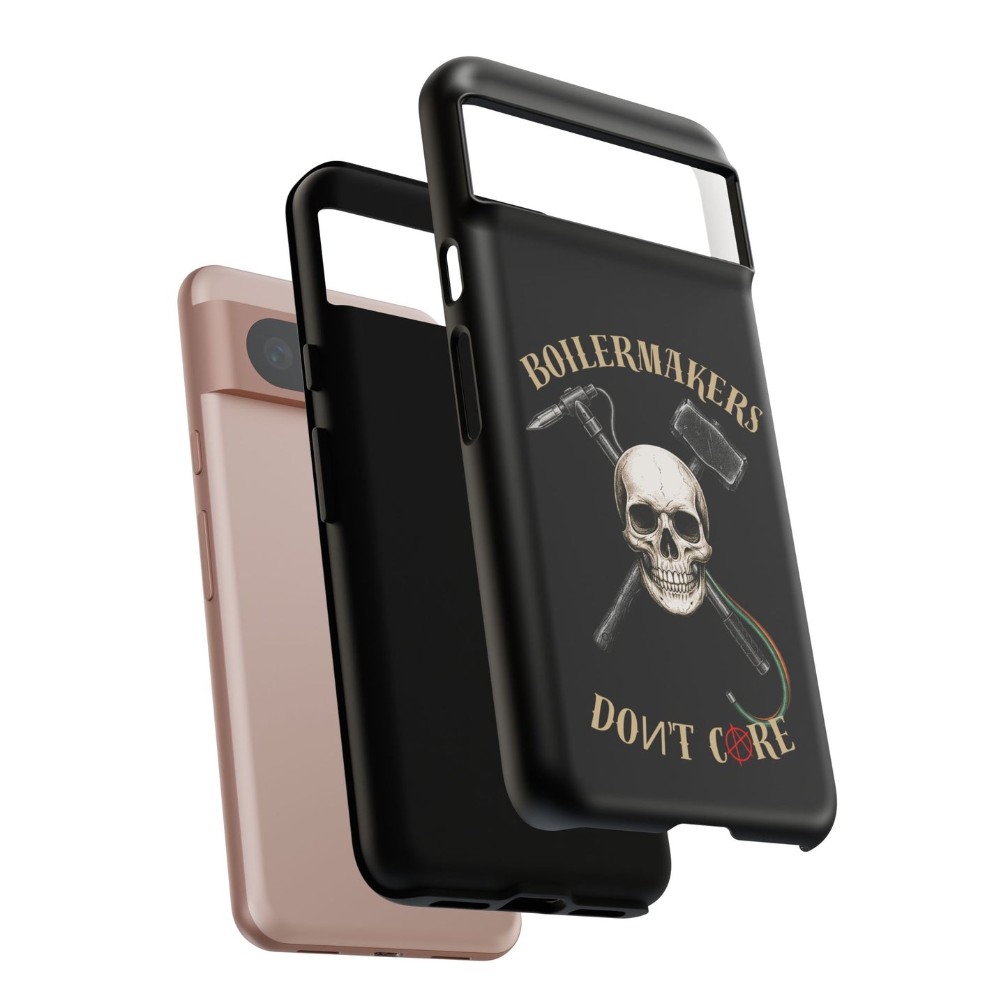 Boilermakers Don’t Care Tough Case — skull-and-hammer design, full-wrap protection built for the hard hands who keep the world running.