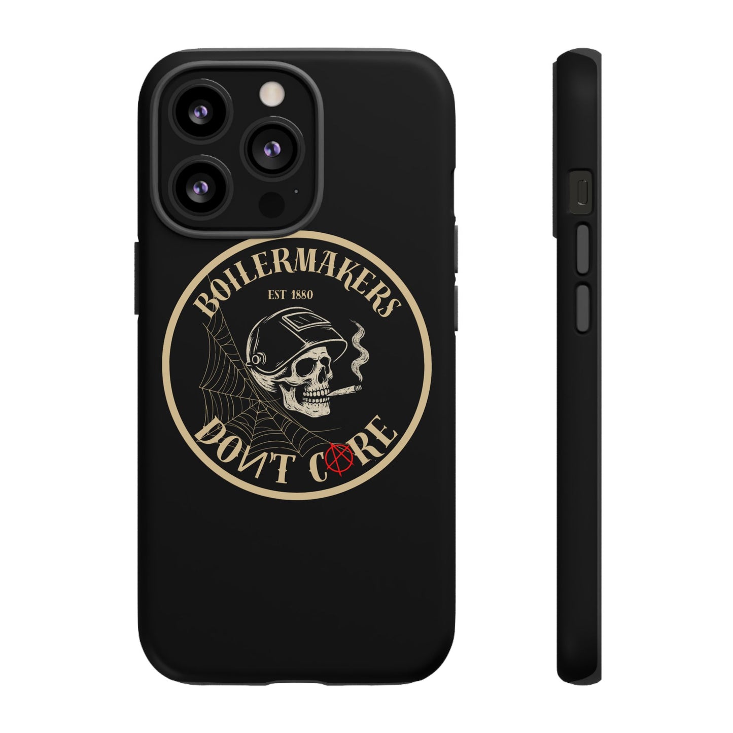 Boilermakers Don’t Care Phone Case — full-wrap skull design, drop-tested protection with attitude. Built tough for the hands that make the world work.