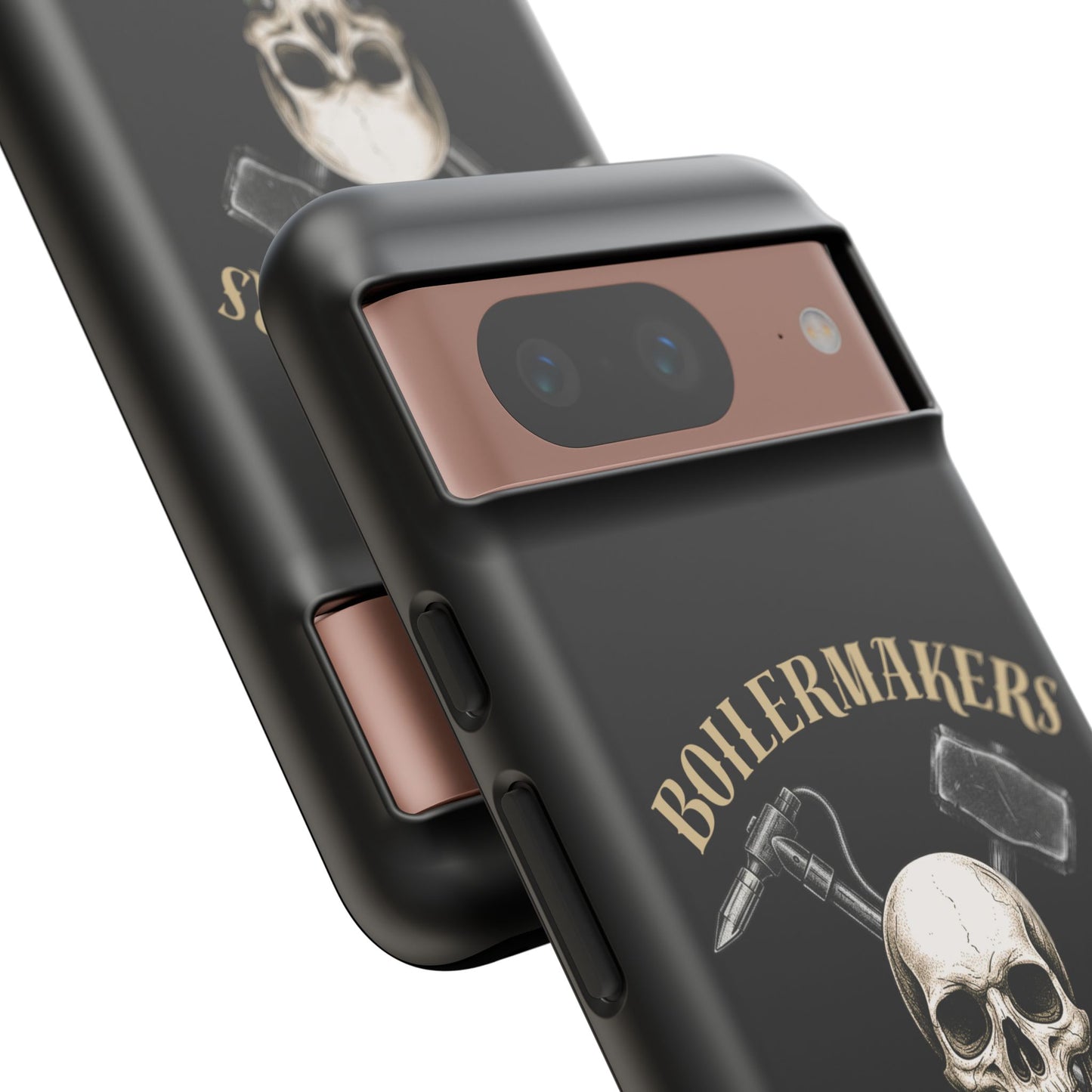 Boilermakers Don’t Care Tough Case — skull-and-hammer design, full-wrap protection built for the hard hands who keep the world running.