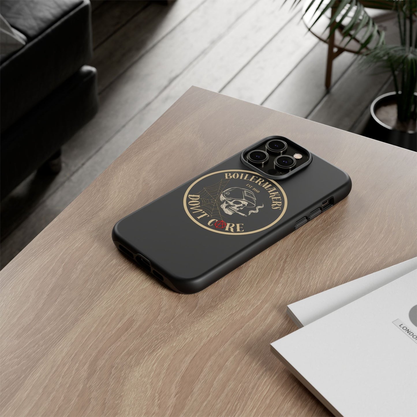 Boilermakers Don’t Care Phone Case — full-wrap skull design, drop-tested protection with attitude. Built tough for the hands that make the world work.