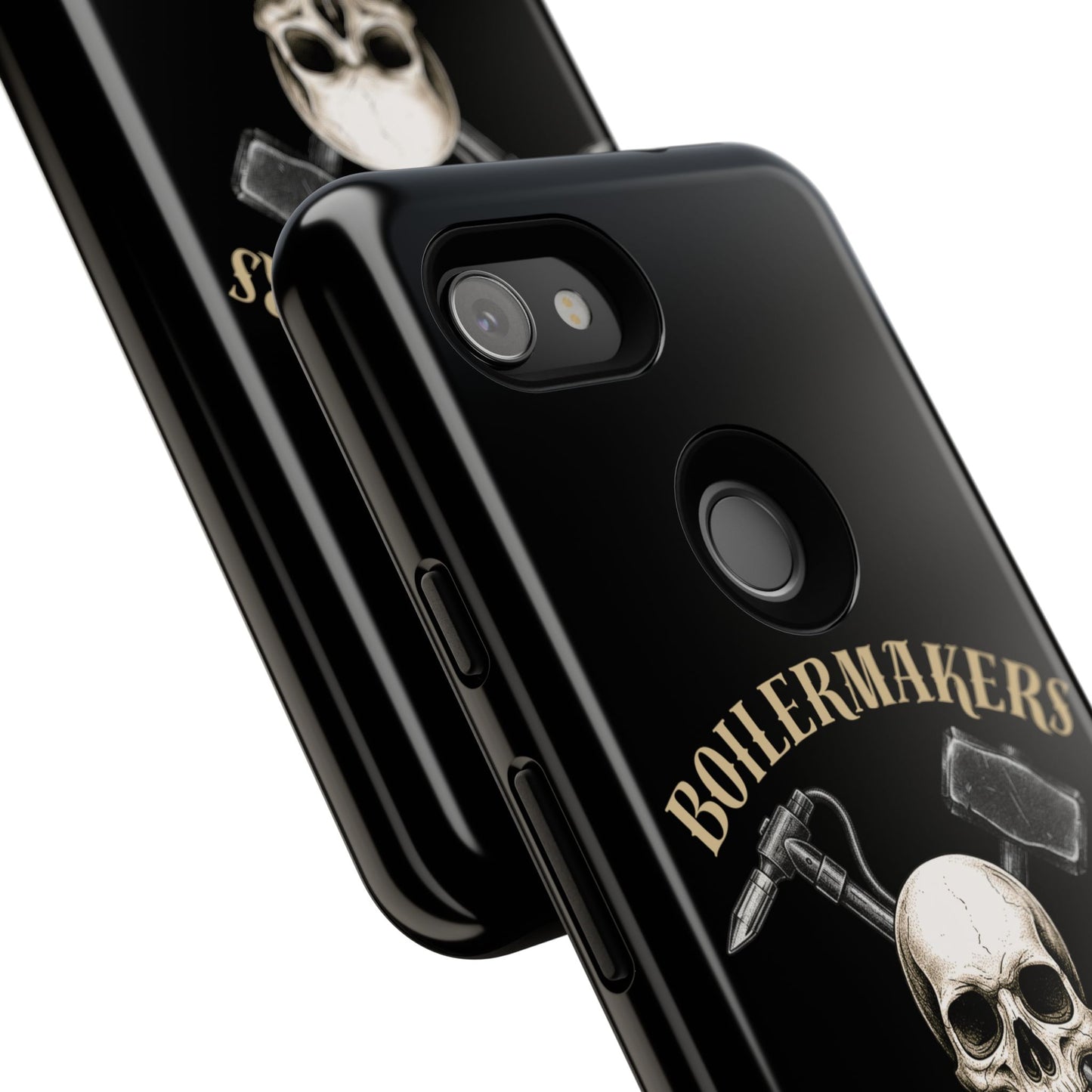Boilermakers Don’t Care Tough Case — skull-and-hammer design, full-wrap protection built for the hard hands who keep the world running.