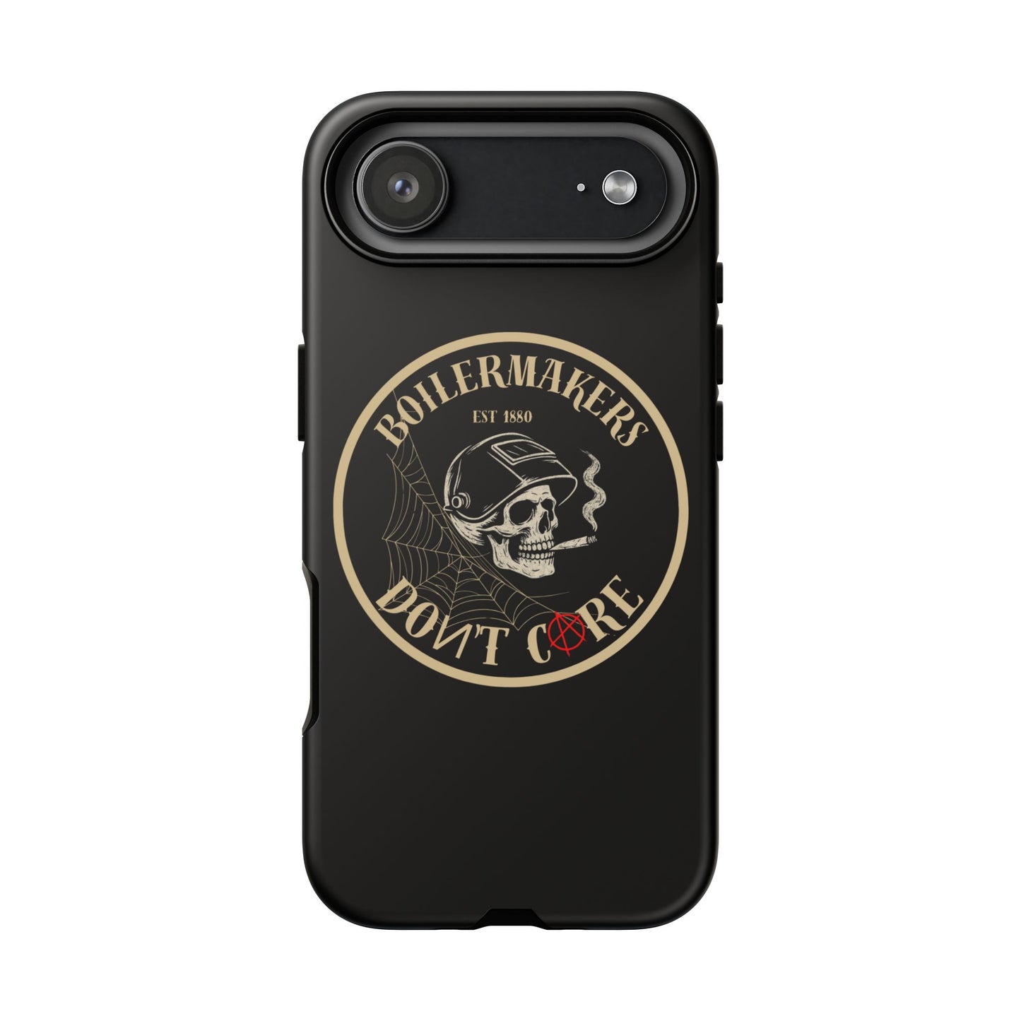 Boilermakers Don’t Care Phone Case — full-wrap skull design, drop-tested protection with attitude. Built tough for the hands that make the world work.