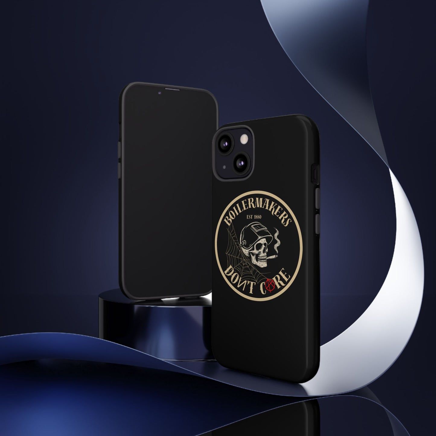 Boilermakers Don’t Care Phone Case — full-wrap skull design, drop-tested protection with attitude. Built tough for the hands that make the world work.