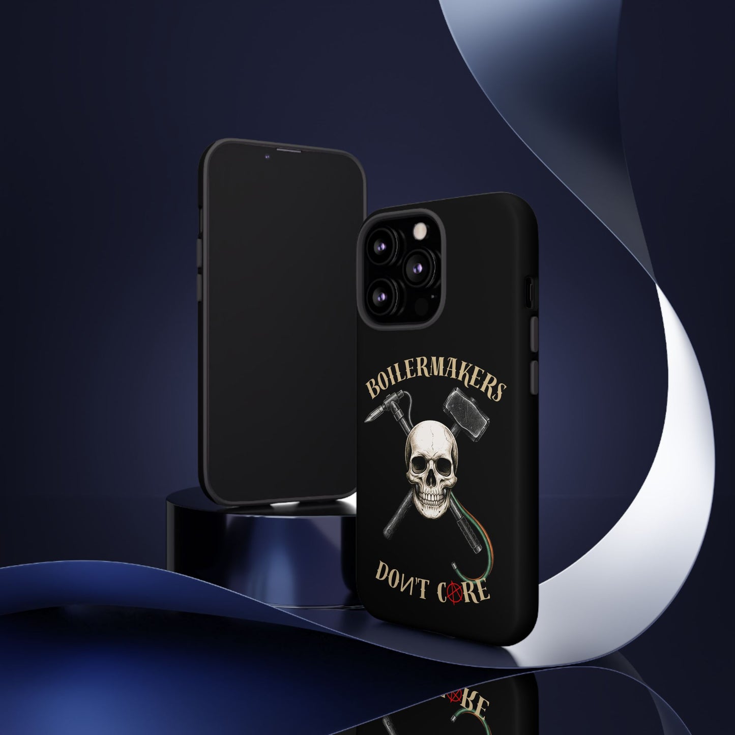 Boilermakers Don’t Care Tough Case — skull-and-hammer design, full-wrap protection built for the hard hands who keep the world running.