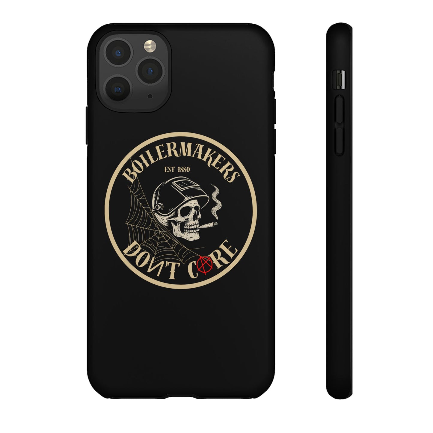 Boilermakers Don’t Care Phone Case — full-wrap skull design, drop-tested protection with attitude. Built tough for the hands that make the world work.