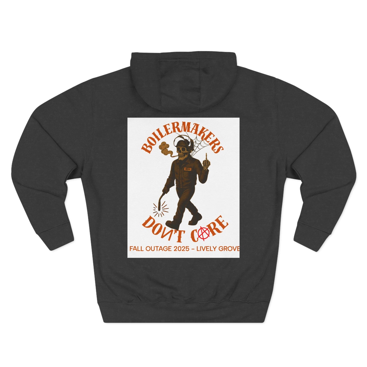 Boilermakers Don’t Care Hoodie — Skull & Hammer Edition. Heavy fleece, jobsite-tough comfort, and bold trade pride. Pair it with the matching sweatpants for the full set.