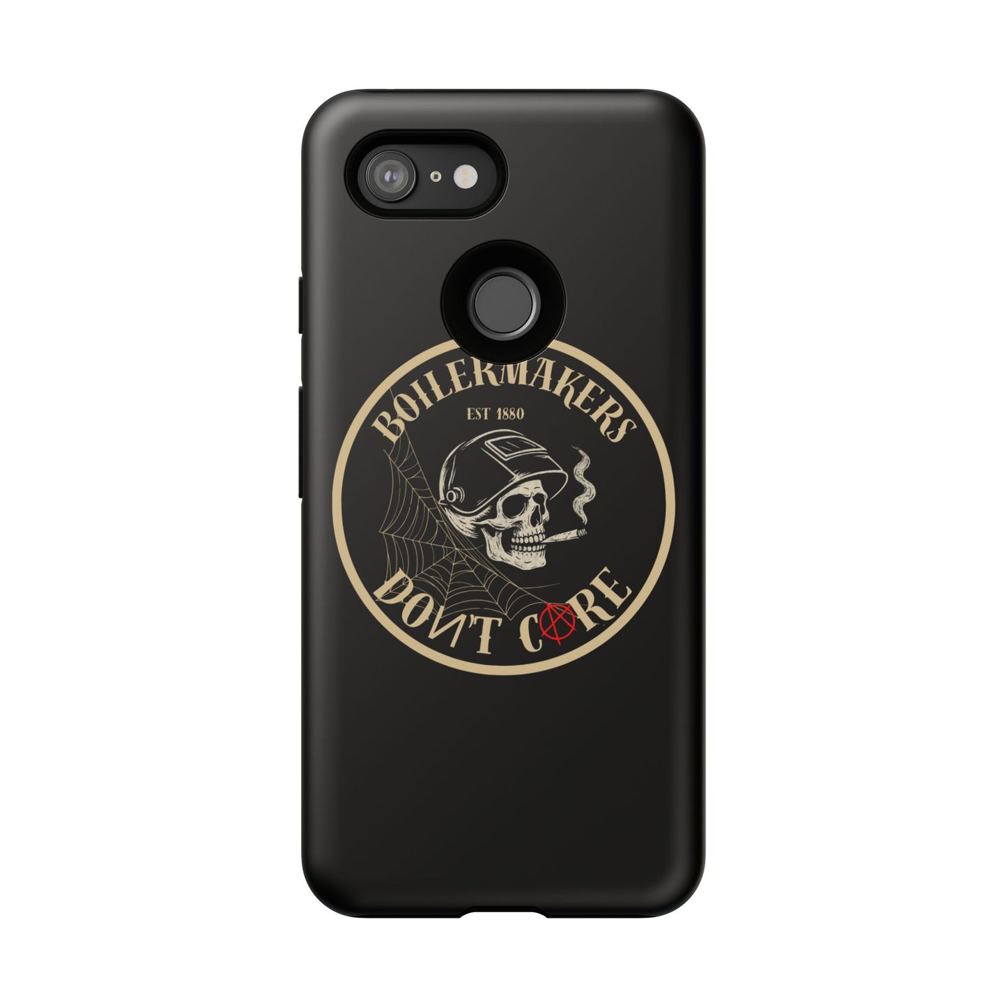 Boilermakers Don’t Care Phone Case — full-wrap skull design, drop-tested protection with attitude. Built tough for the hands that make the world work.