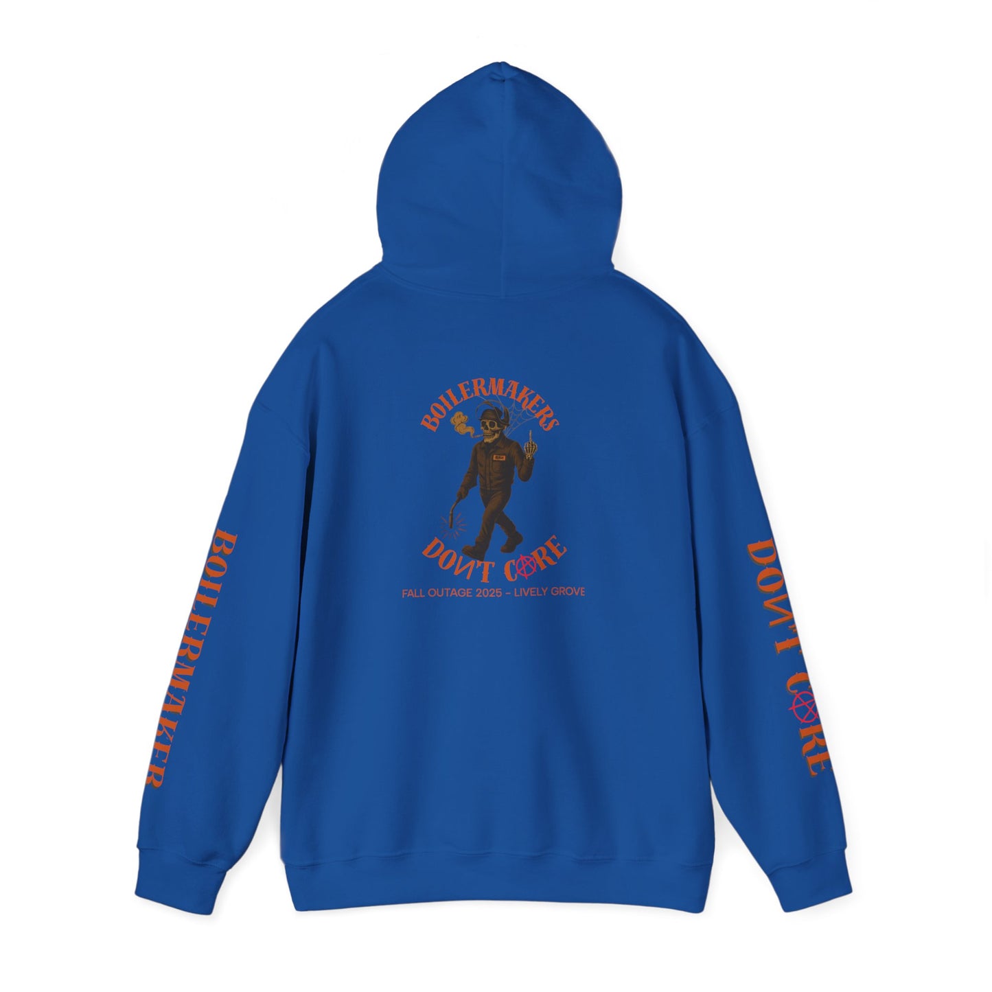 Skeleton “Don’t Care” Hoodie — Lively Grove Edition. Featuring a full-back skeleton design, Boilermaker and Don’t Care sleeve prints, built for the Fall Outage 2025 crew.