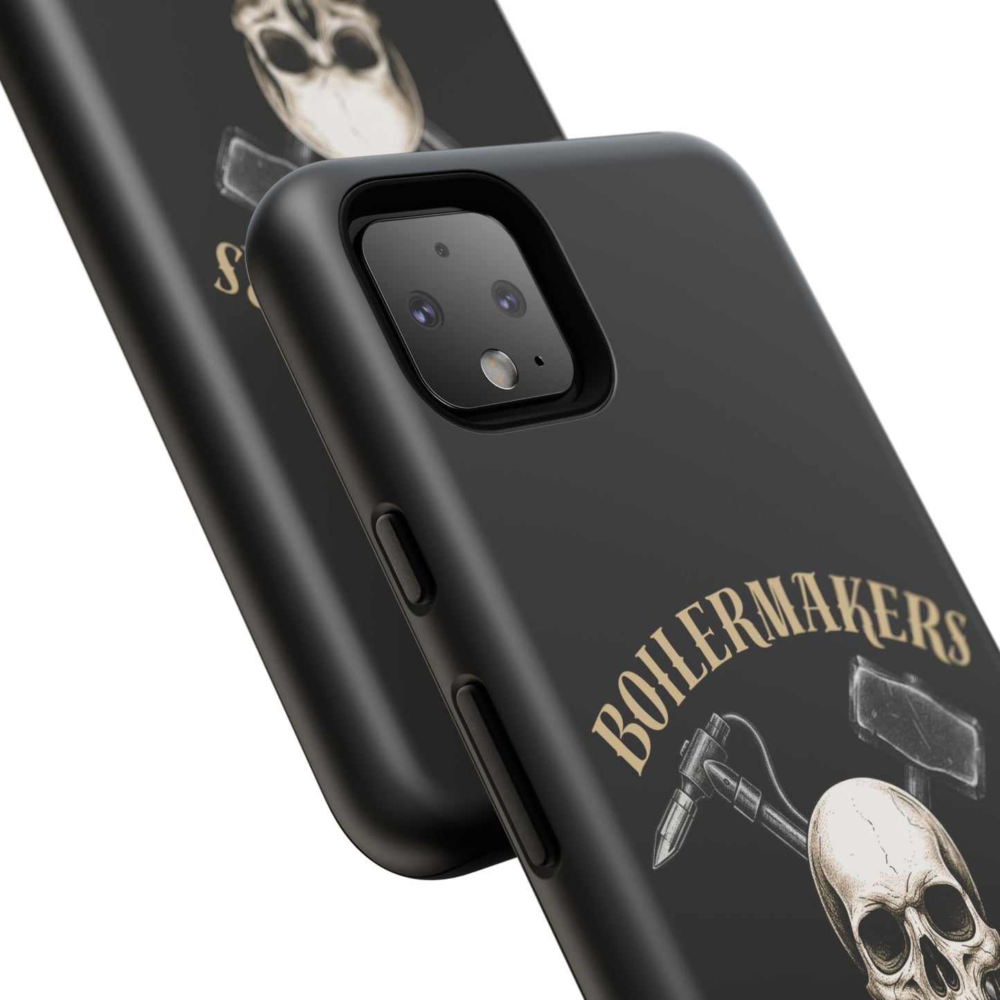 Boilermakers Don’t Care Tough Case — skull-and-hammer design, full-wrap protection built for the hard hands who keep the world running.