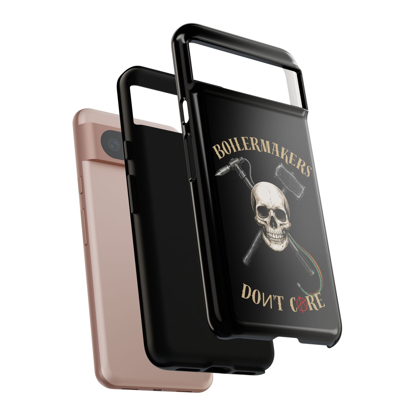 Boilermakers Don’t Care Tough Case — skull-and-hammer design, full-wrap protection built for the hard hands who keep the world running.
