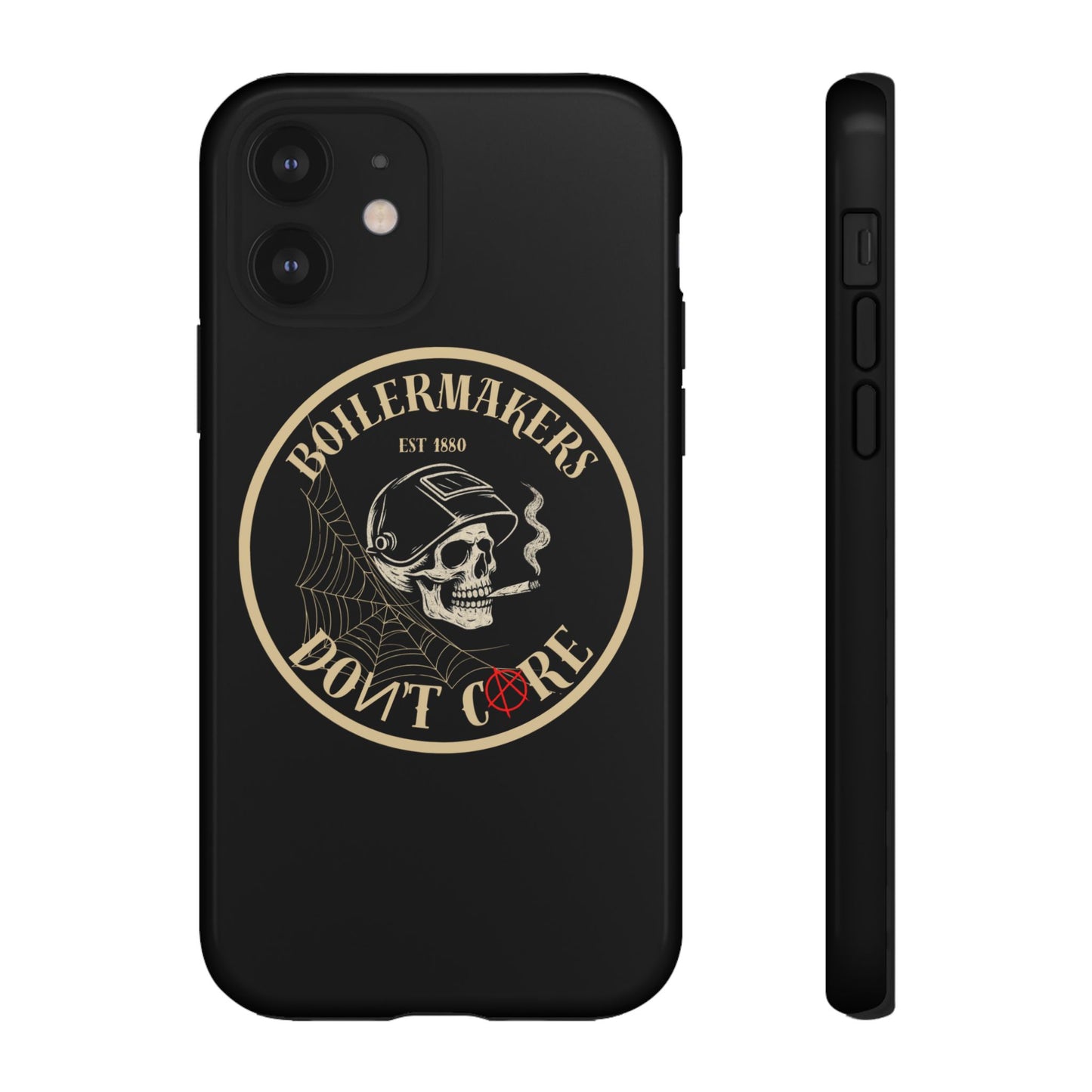 Boilermakers Don’t Care Phone Case — full-wrap skull design, drop-tested protection with attitude. Built tough for the hands that make the world work.