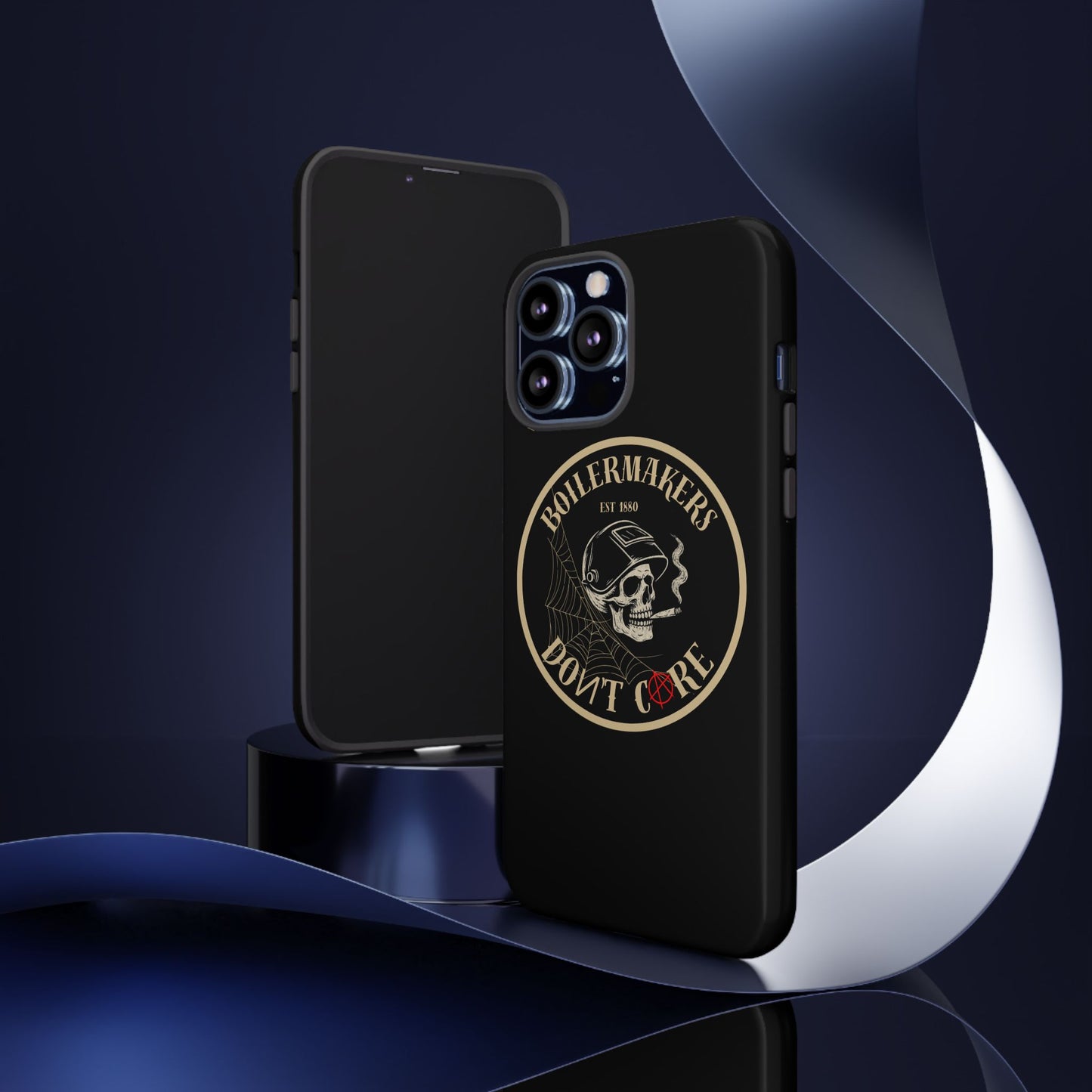 Boilermakers Don’t Care Phone Case — full-wrap skull design, drop-tested protection with attitude. Built tough for the hands that make the world work.