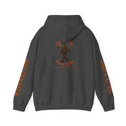 Skeleton “Don’t Care” Hoodie — Lively Grove Edition. Featuring a full-back skeleton design, Boilermaker and Don’t Care sleeve prints, built for the Fall Outage 2025 crew.