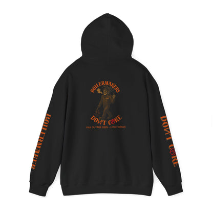 Skeleton “Don’t Care” Hoodie — Lively Grove Edition. Featuring a full-back skeleton design, Boilermaker and Don’t Care sleeve prints, built for the Fall Outage 2025 crew.