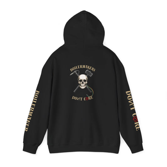 Skull “Boilermakers Don’t Care” Hoodie — full-back skull and hammer design, bold sleeve prints on both arms. The original Renn Don’t Care classic.