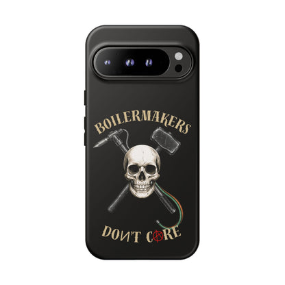 Boilermakers Don’t Care Tough Case — skull-and-hammer design, full-wrap protection built for the hard hands who keep the world running.