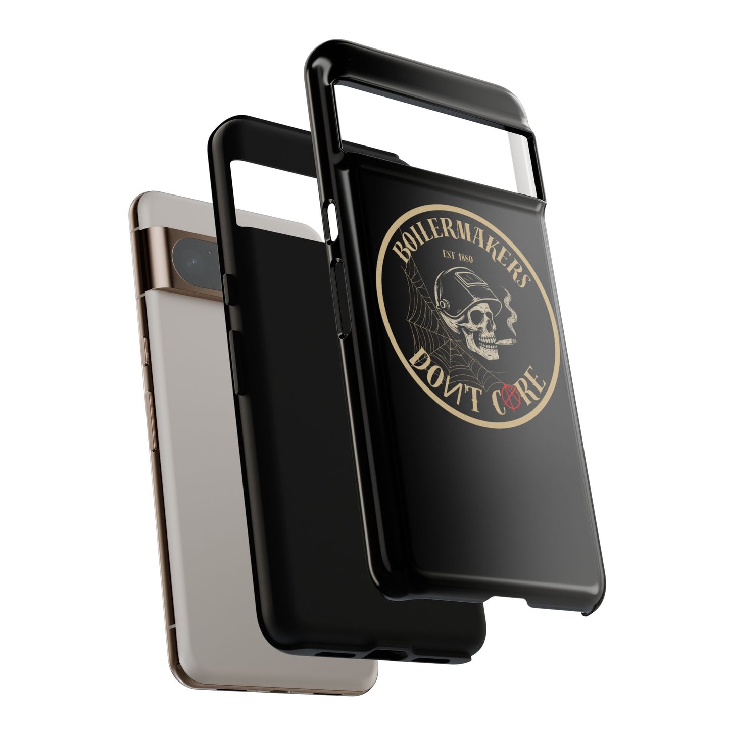Boilermakers Don’t Care Phone Case — full-wrap skull design, drop-tested protection with attitude. Built tough for the hands that make the world work.