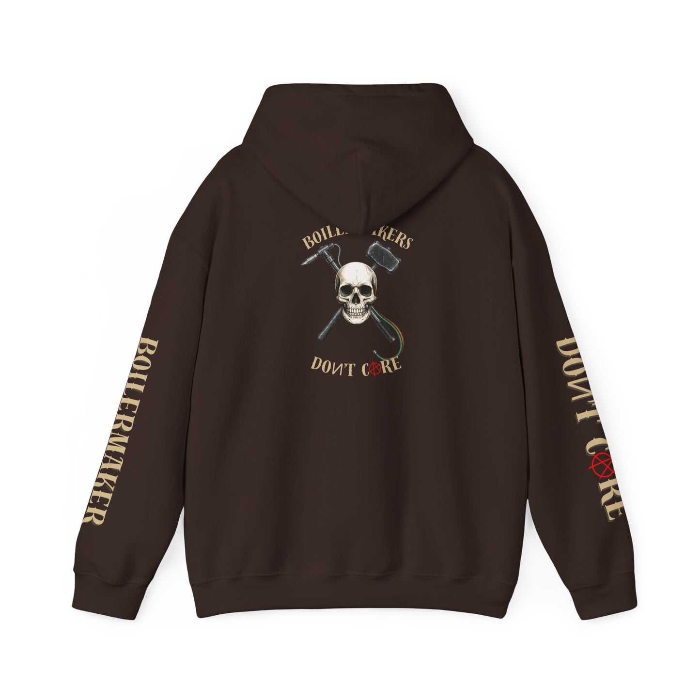 Skull “Boilermakers Don’t Care” Hoodie — full-back skull and hammer design, bold sleeve prints on both arms. The original Renn Don’t Care classic.
