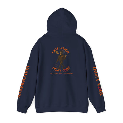 Skeleton “Don’t Care” Hoodie — Lively Grove Edition. Featuring a full-back skeleton design, Boilermaker and Don’t Care sleeve prints, built for the Fall Outage 2025 crew.