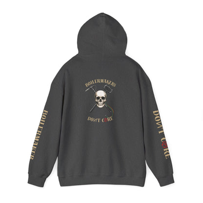 Skull “Boilermakers Don’t Care” Hoodie — full-back skull and hammer design, bold sleeve prints on both arms. The original Renn Don’t Care classic.