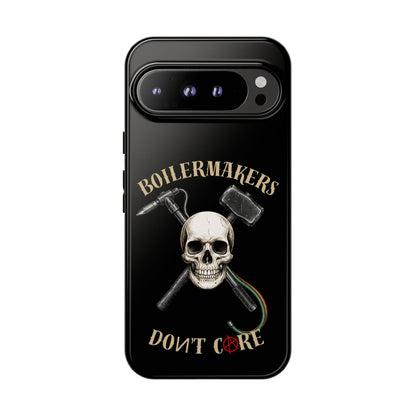 Boilermakers Don’t Care Tough Case — skull-and-hammer design, full-wrap protection built for the hard hands who keep the world running.