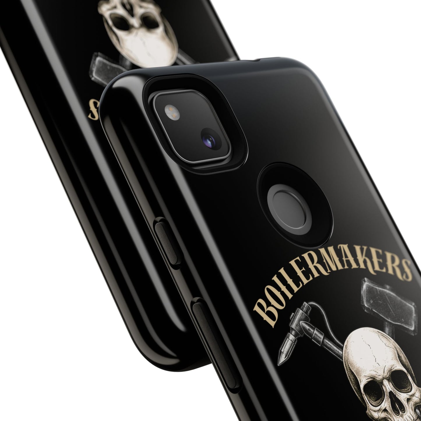 Boilermakers Don’t Care Tough Case — skull-and-hammer design, full-wrap protection built for the hard hands who keep the world running.